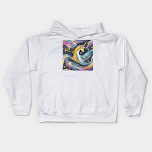 Geometric pattern of curved seamless stripes making a starry night with galaxy, stars and unicorn Kids Hoodie